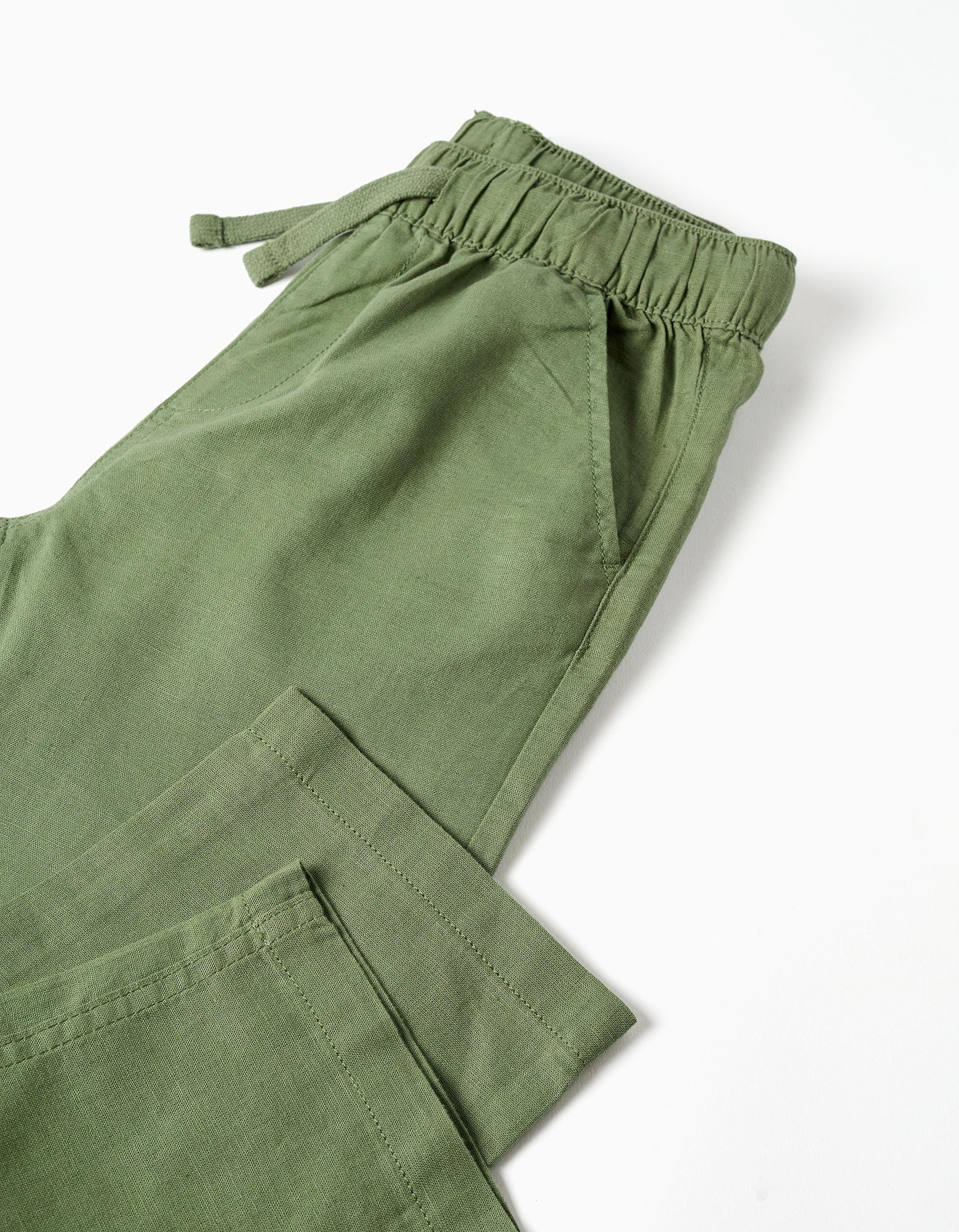 Calças de linho retas com cordão para menino, verde