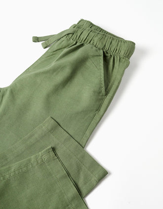 Calças de linho retas com cordão para menino, verde