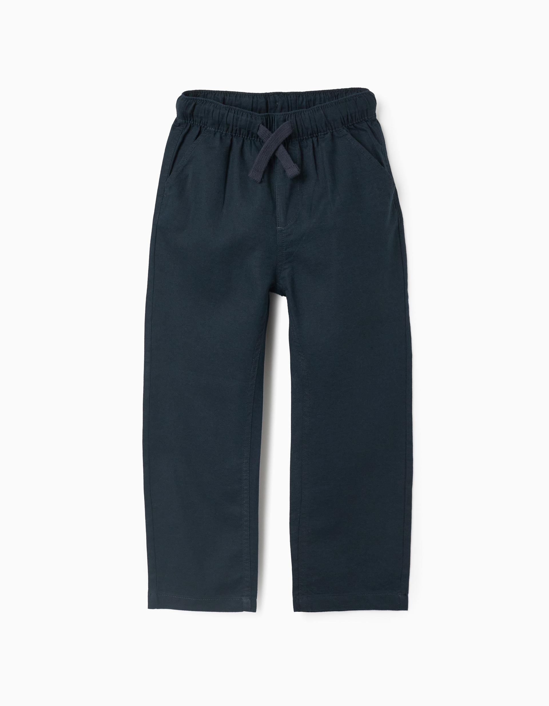 Calças de linho retas com cordão para menino, azul-escuro