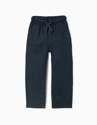 Calças de linho retas com cordão para menino, azul-escuro