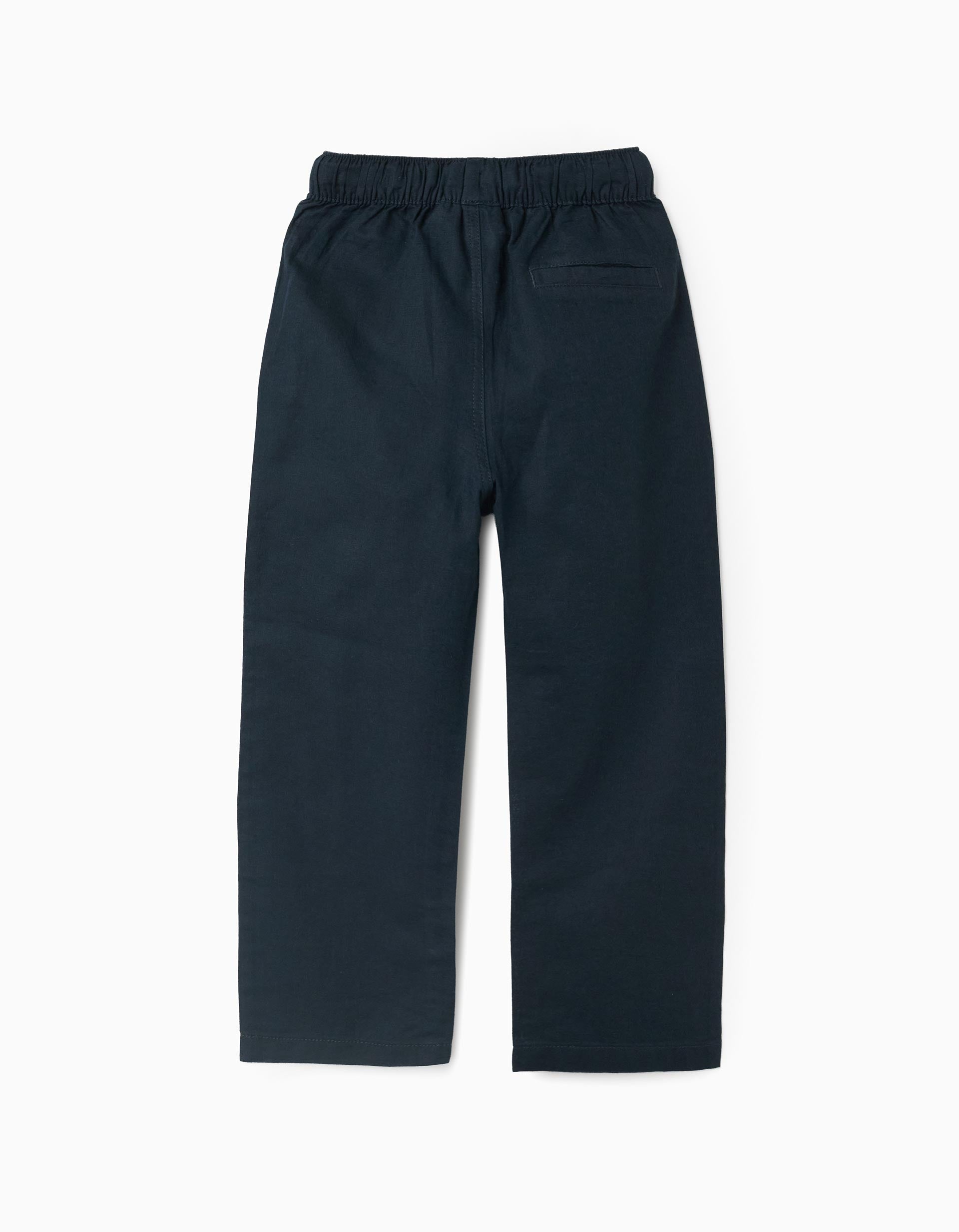 Calças de linho retas com cordão para menino, azul-escuro