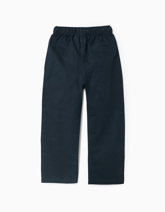 Calças de linho retas com cordão para menino, azul-escuro