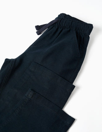 Calças de linho retas com cordão para menino, azul-escuro