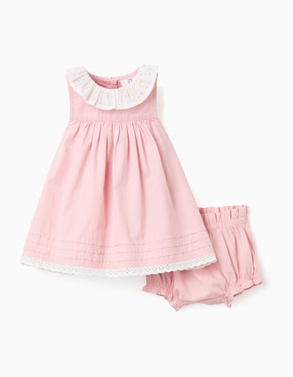 Vestido de popeline + tapa-fraldas com folhos para recém-nascida, rosa