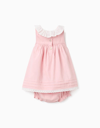 Vestido de popeline + tapa-fraldas com folhos para recém-nascida, rosa