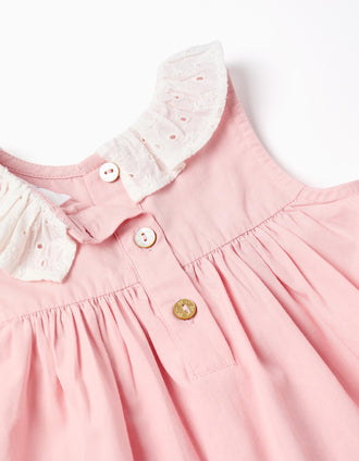 Vestido de popeline + tapa-fraldas com folhos para recém-nascida, rosa