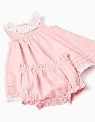 Vestido de popeline + tapa-fraldas com folhos para recém-nascida, rosa