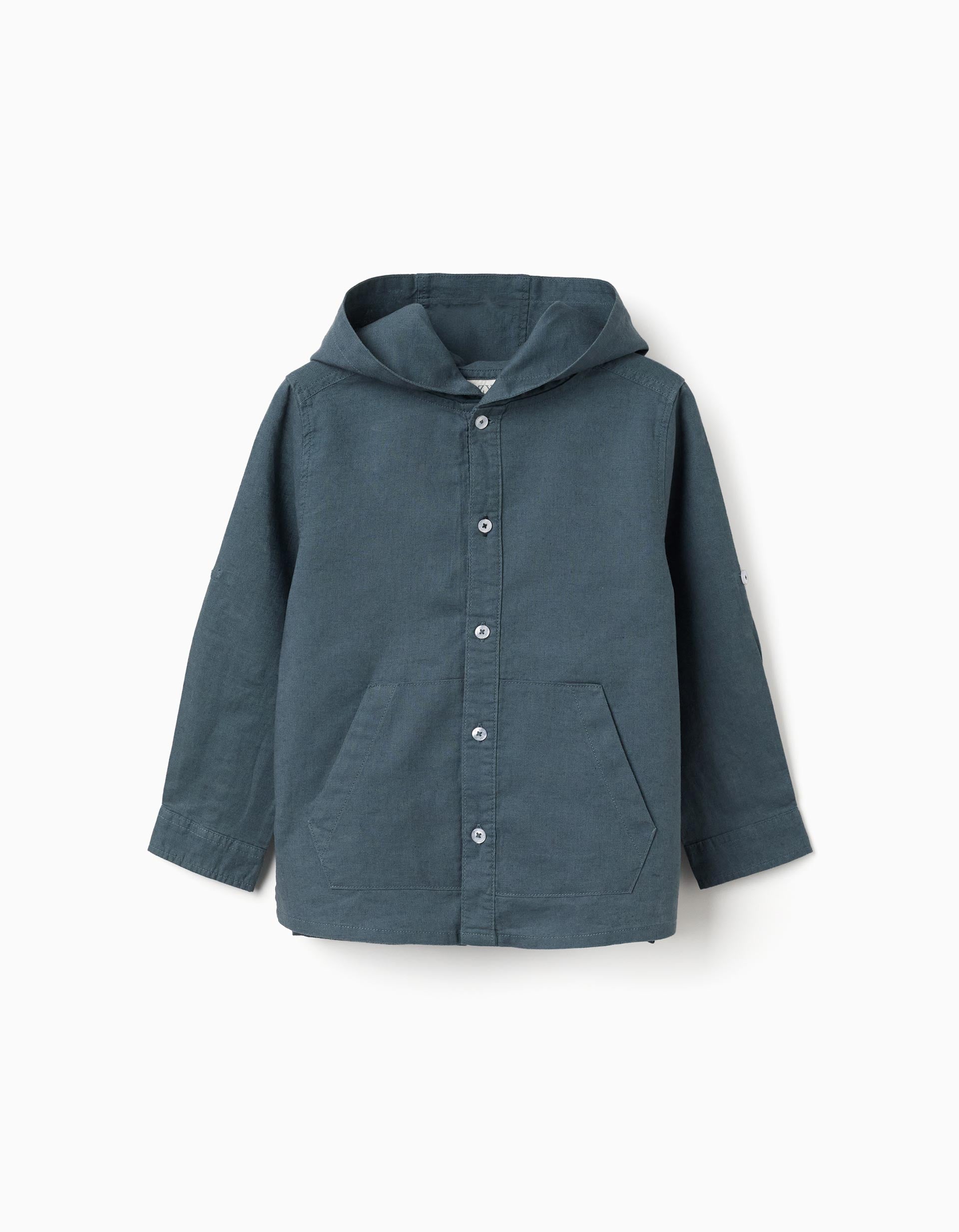 Camisa de manga comprida em linho com capuz para menino, azul-cinza