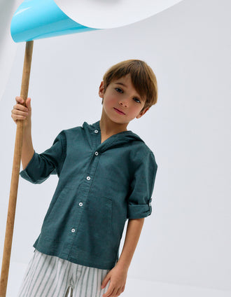 Camisa de manga comprida em linho com capuz para menino, azul-cinza