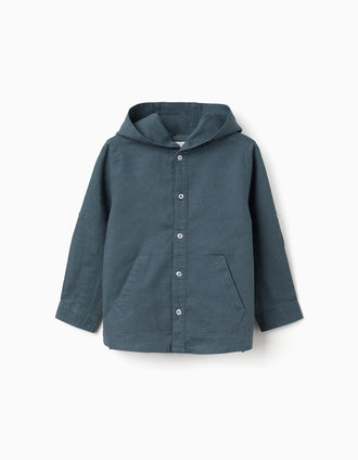 Camisa de manga comprida em linho com capuz para menino, azul-cinza