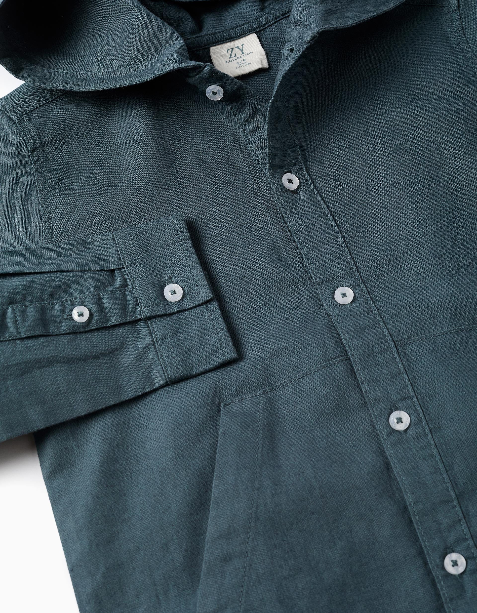 Camisa de manga comprida em linho com capuz para menino, azul-cinza