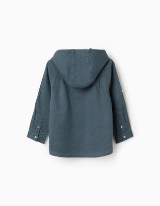 Camisa de manga comprida em linho com capuz para menino, azul-cinza