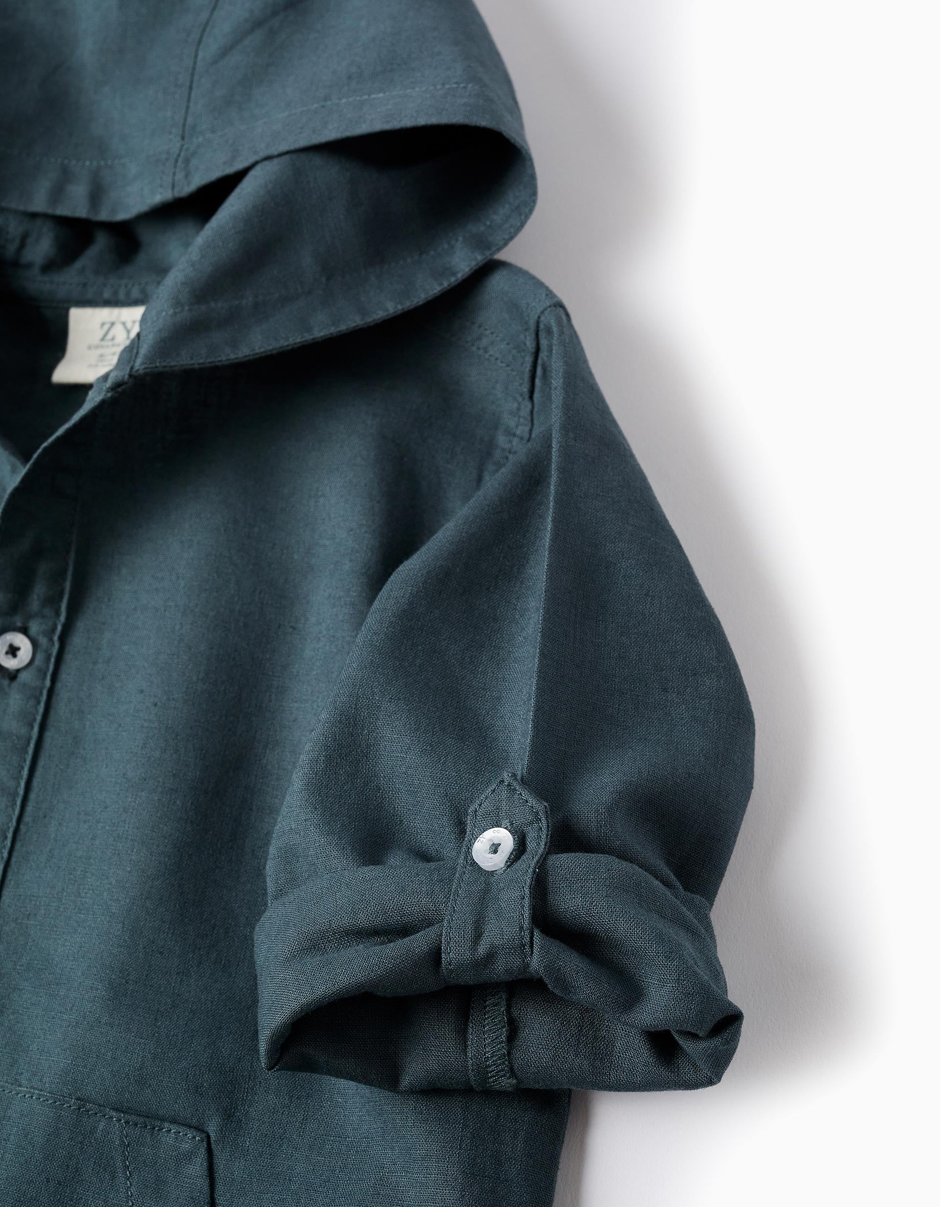 Camisa de manga comprida em linho com capuz para menino, azul-cinza