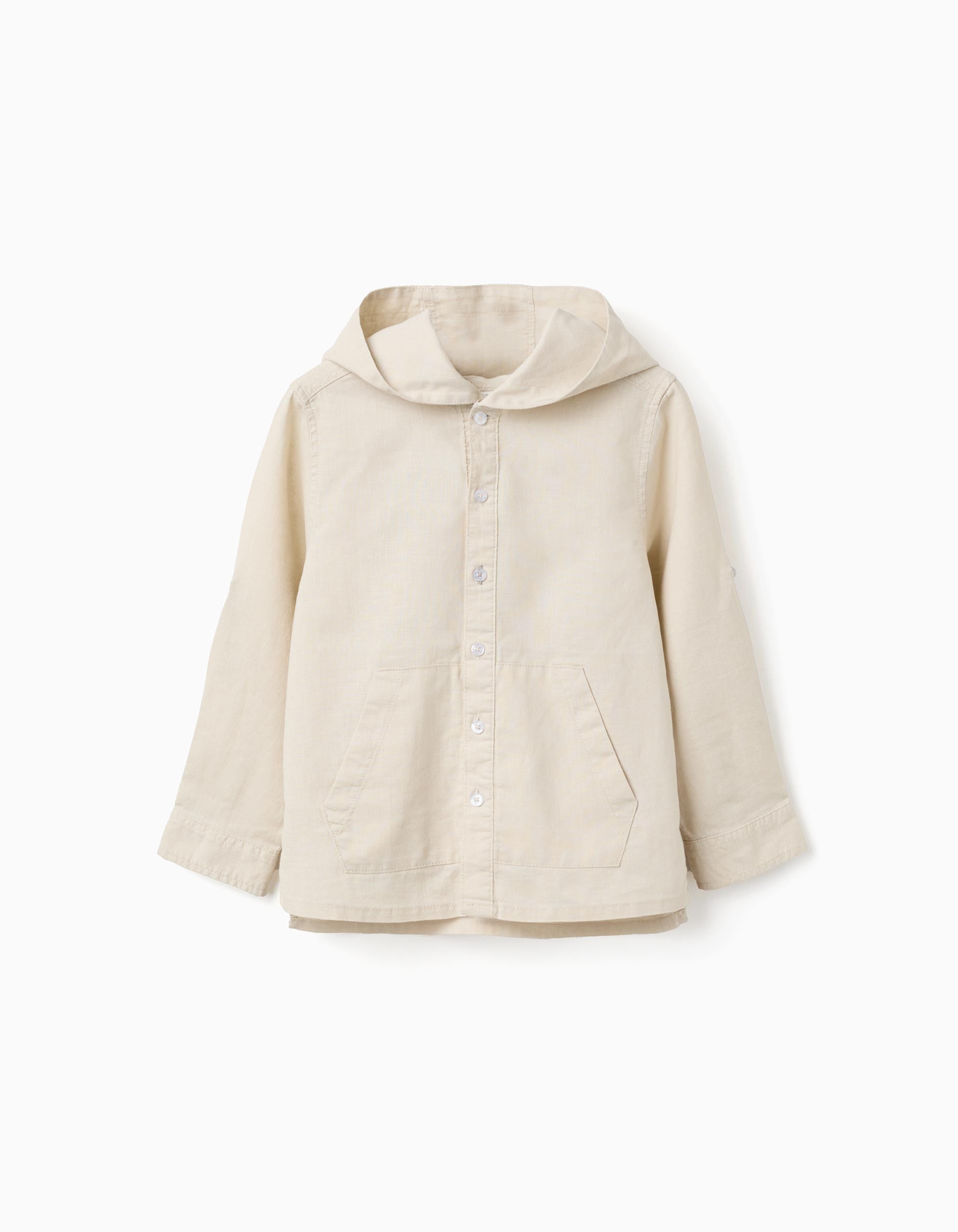 Camisa de manga comprida em linho com capuz para menino, bege