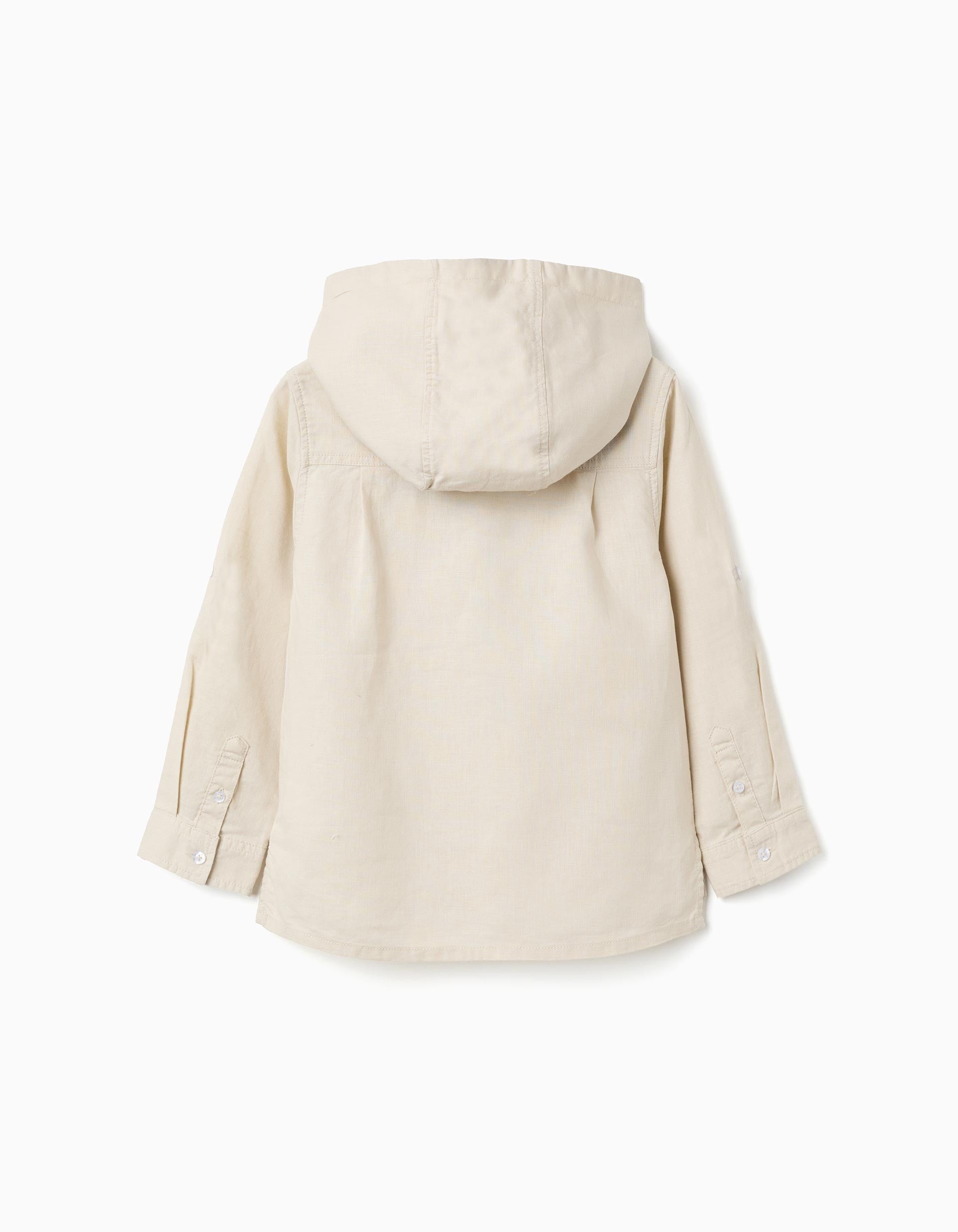 Camisa de manga comprida em linho com capuz para menino, bege