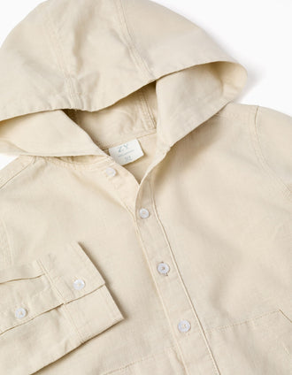 Camisa de manga comprida em linho com capuz para menino, bege