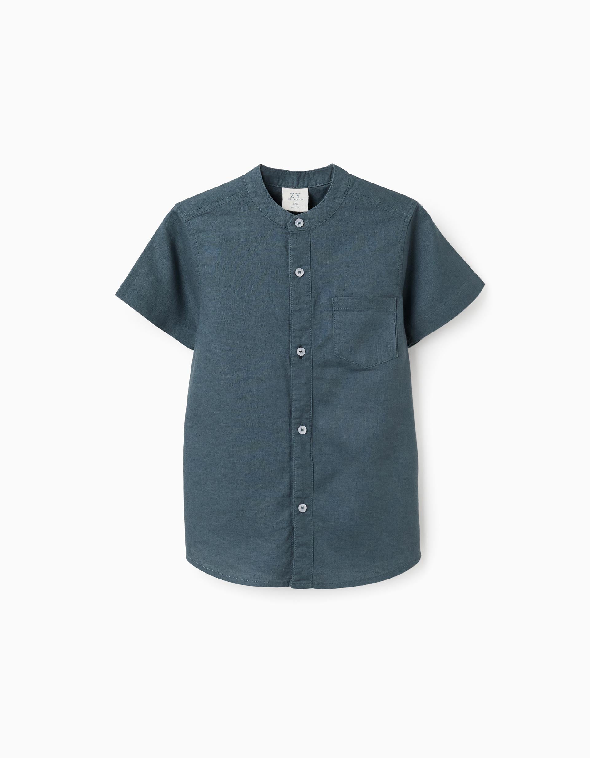 Camisa de linho e algodão com bolso para menino, azul-cinza
