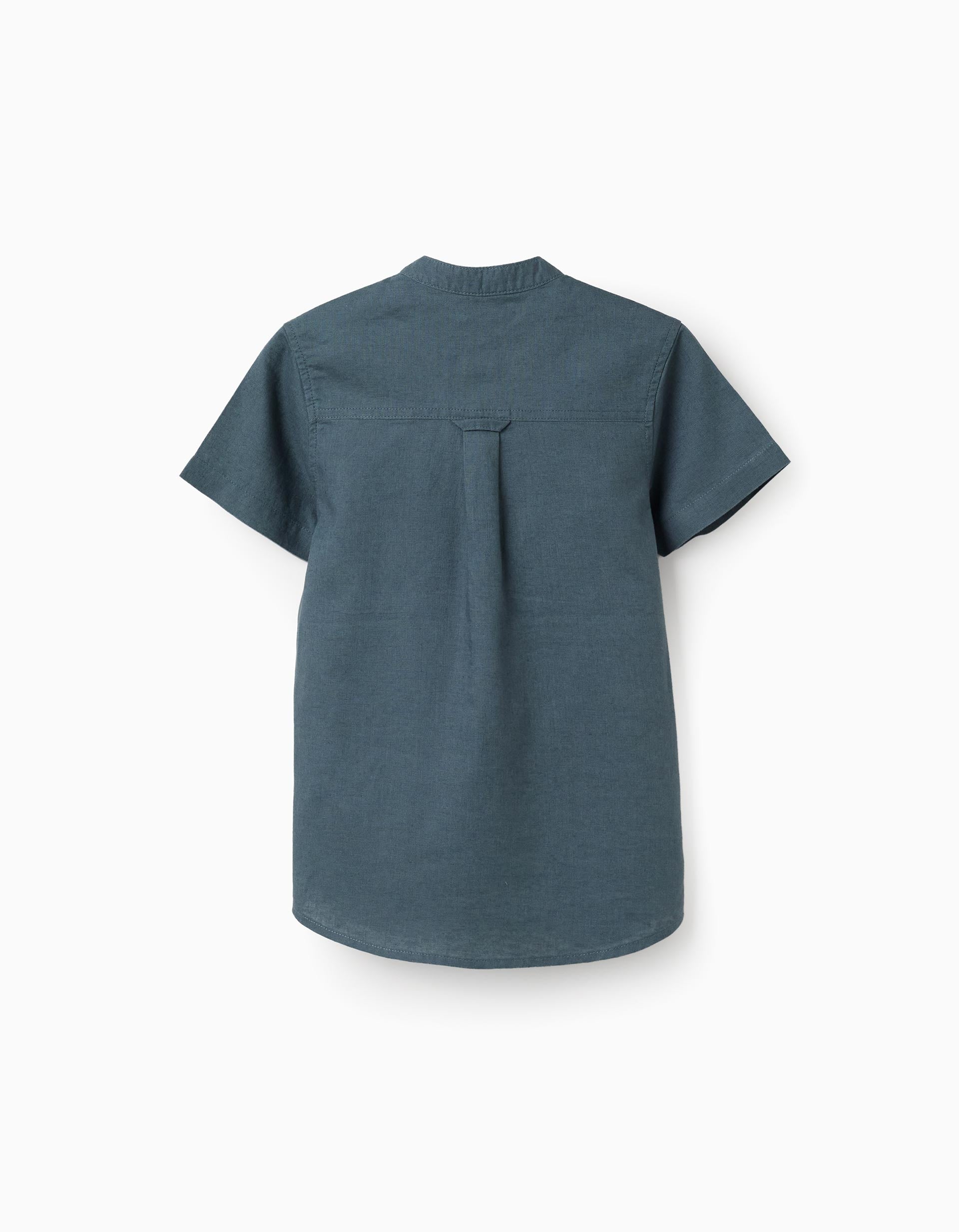 Camisa de linho e algodão com bolso para menino, azul-cinza