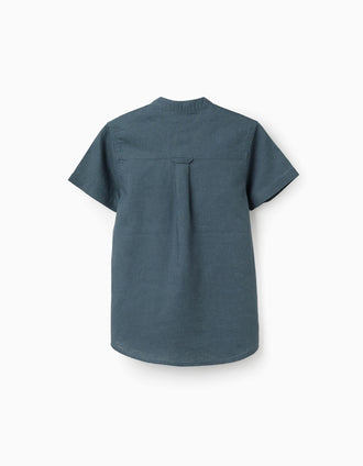 Camisa de linho e algodão com bolso para menino, azul-cinza