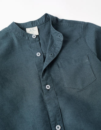 Camisa de linho e algodão com bolso para menino, azul-cinza
