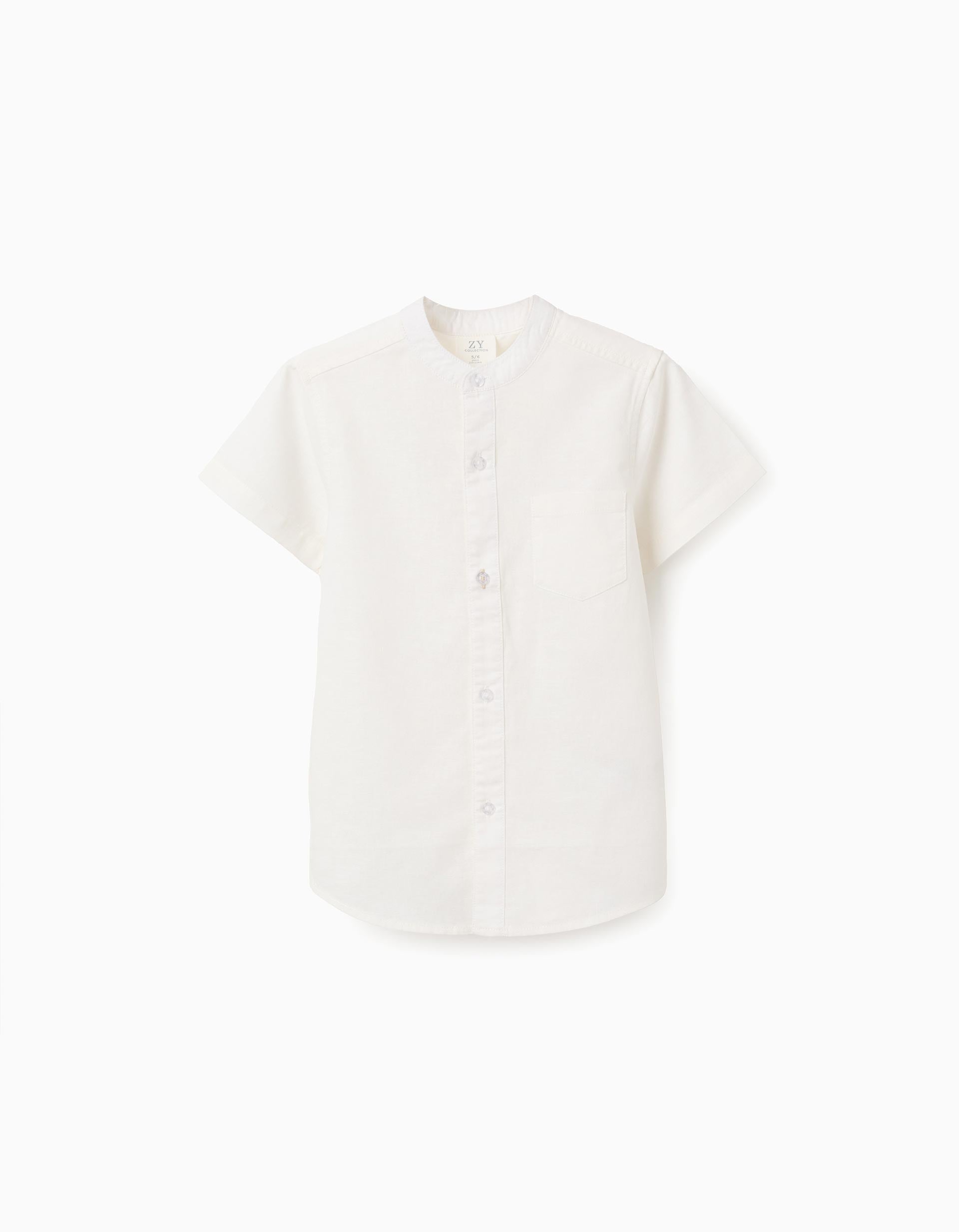 Camisa de linho e algodão com bolso para menino, branco