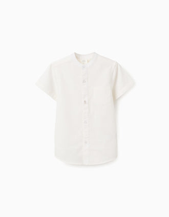 Linen and cotton short sleeve shirt with pocket for boys, white