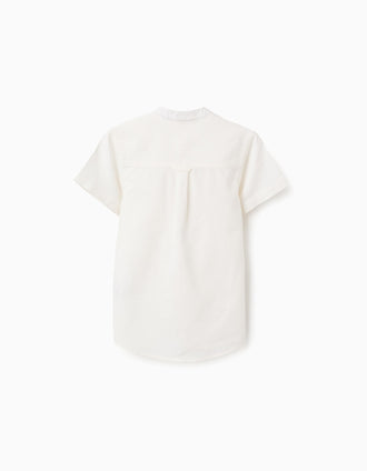 Linen and cotton short sleeve shirt with pocket for boys, white