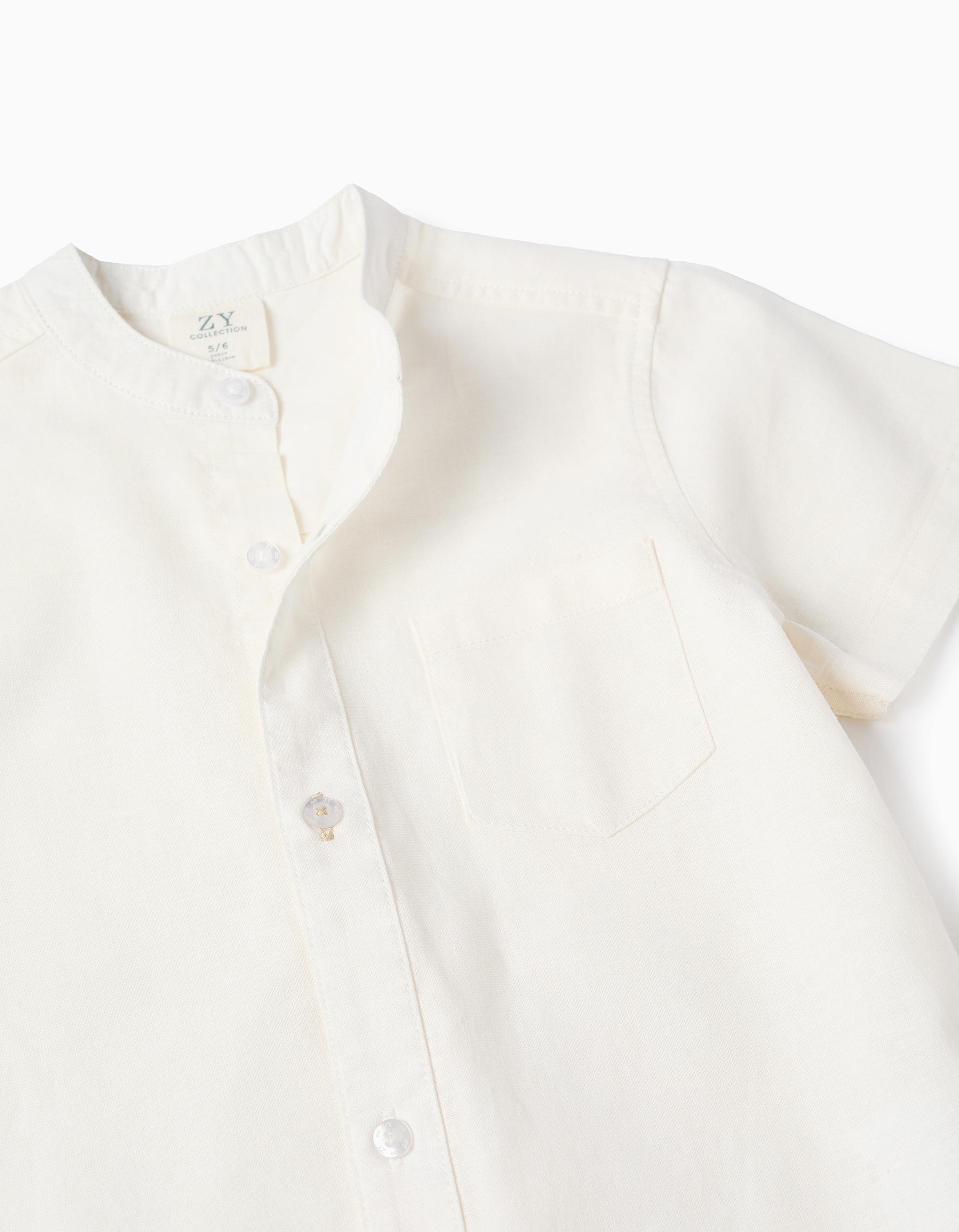 Camisa de linho e algodão com bolso para menino, branco