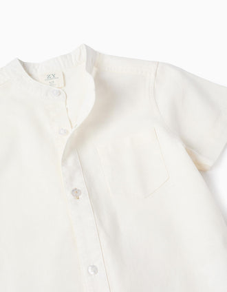 Linen and cotton short sleeve shirt with pocket for boys, white