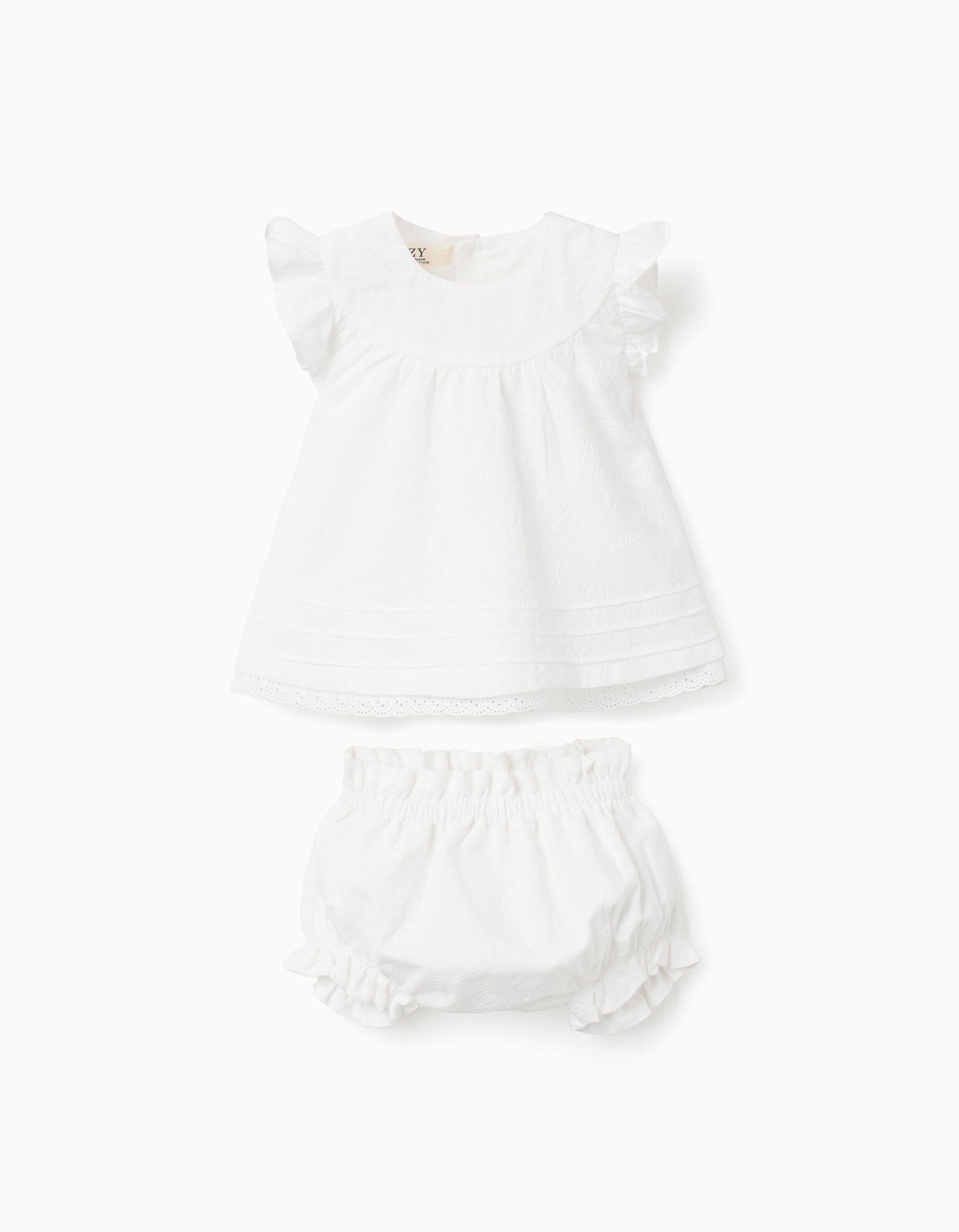 Cotton blouse and bloomers set with ruffles for newborn girls, white