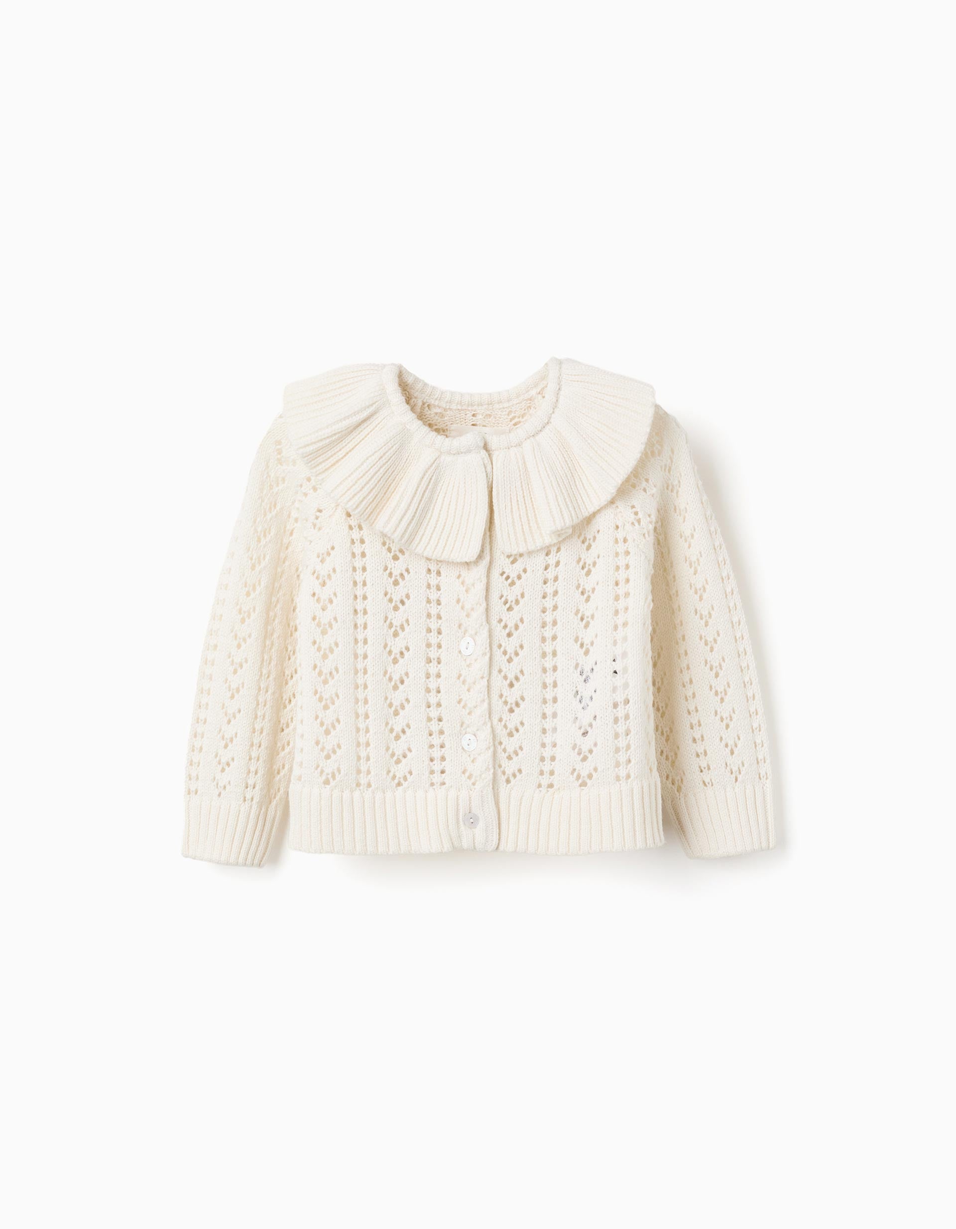 Casaco de malha ajurada de algodão com folhos para bebé menina, branco