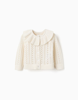 Cotton cardigan with openwork knit and ruffles for baby girls, white