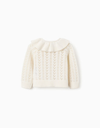 Cotton cardigan with openwork knit and ruffles for baby girls, white