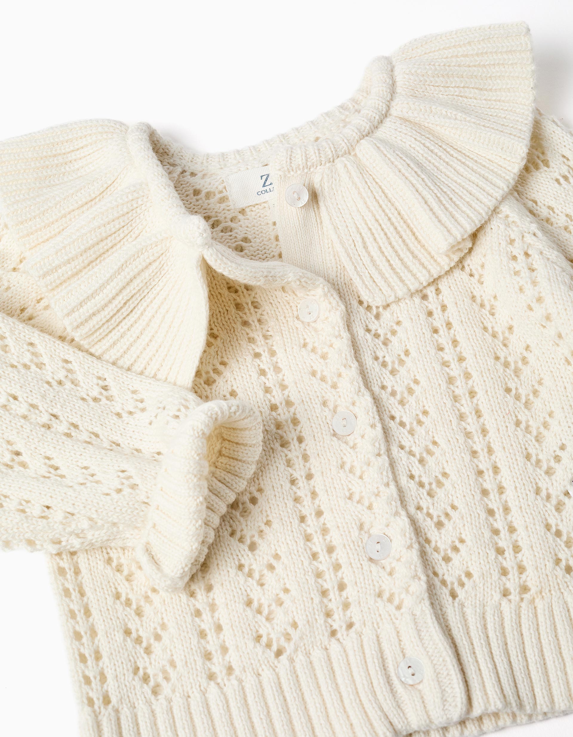 Casaco de malha ajurada de algodão com folhos para bebé menina, branco