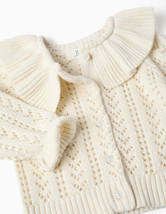 Cotton cardigan with openwork knit and ruffles for baby girls, white