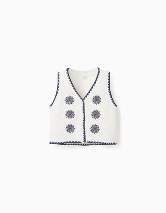 Colete de malha com flores bordadas para menina, branco/azul-escuro