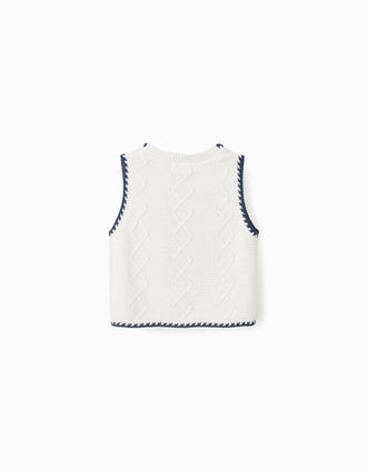 Colete de malha com flores bordadas para menina, branco/azul-escuro