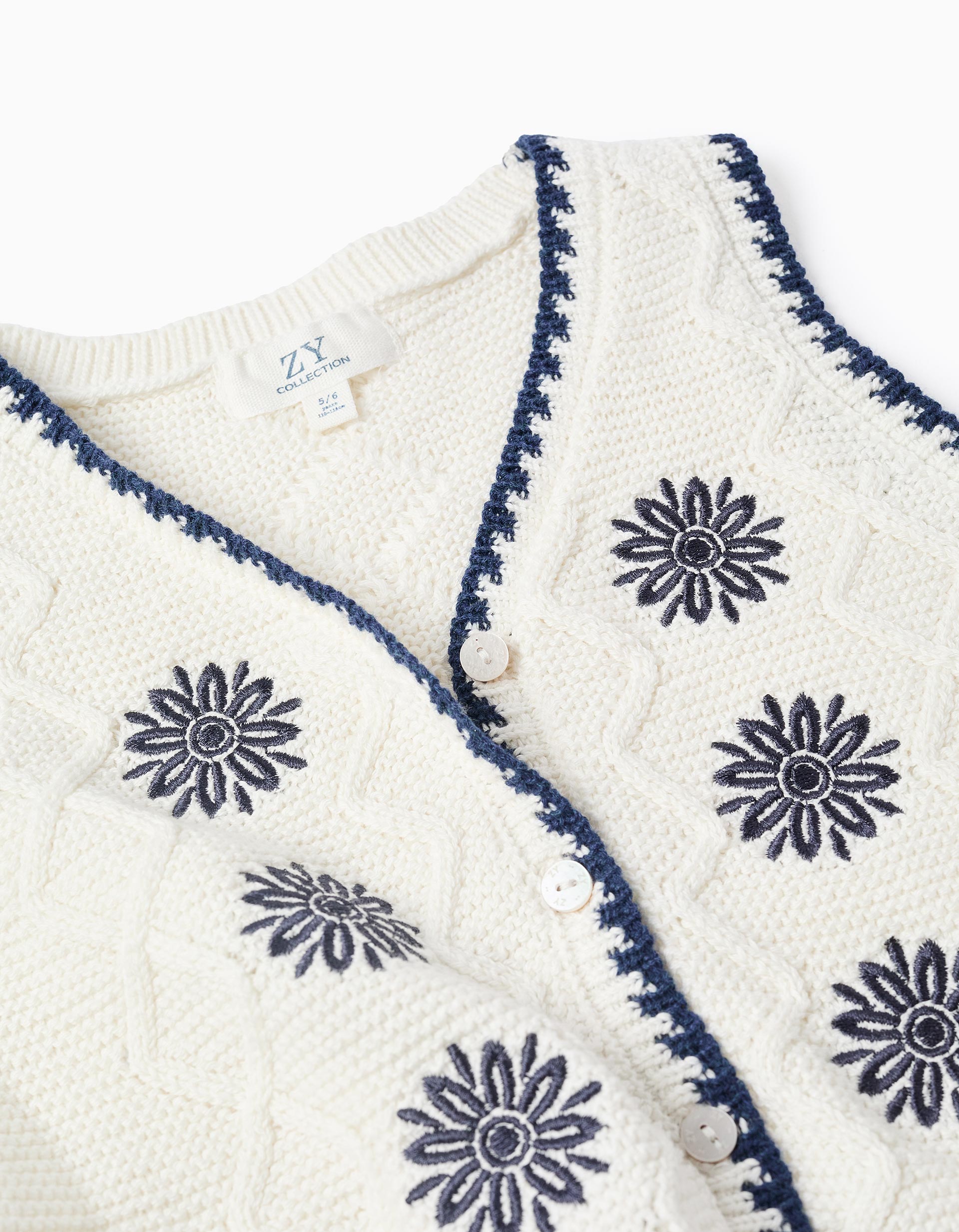 Gilet sans manches en maille avec fleurs pour fille, blanc/bleu foncé
