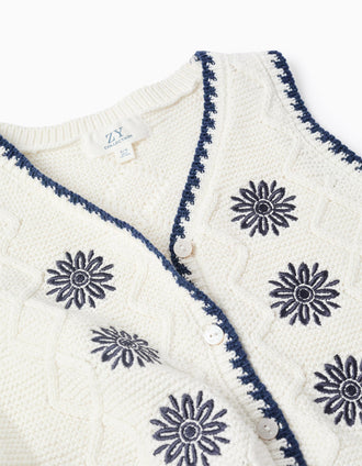 Colete de malha com flores bordadas para menina, branco/azul-escuro