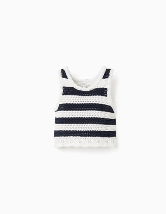 Top sem mangas de malha às riscas para menina, branco/azul-escuro