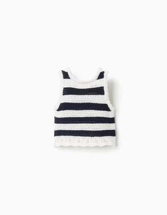 Top sem mangas de malha às riscas para menina, branco/azul-escuro
