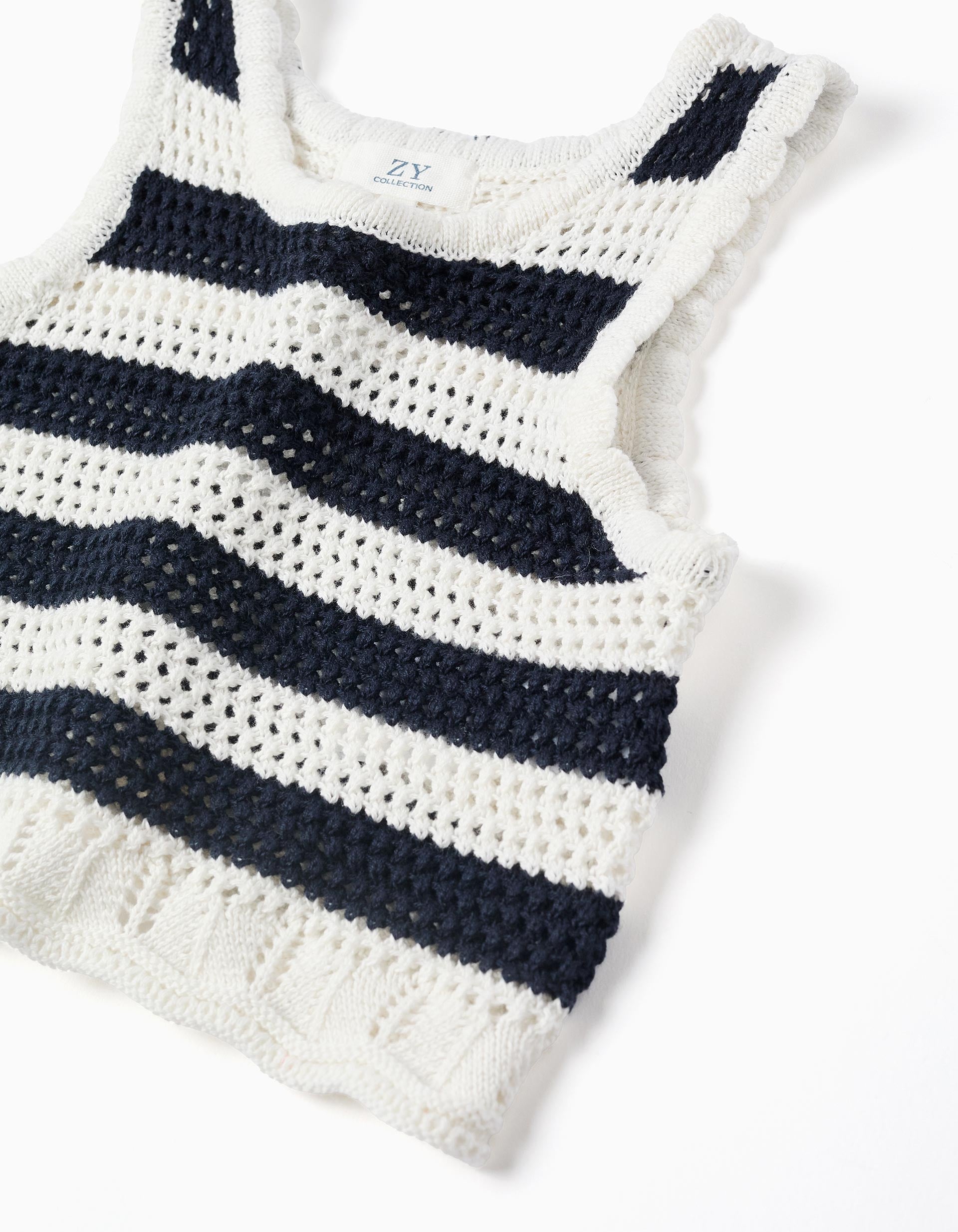 Top sans manches en maille à rayures pour fille, blanc/bleu foncé