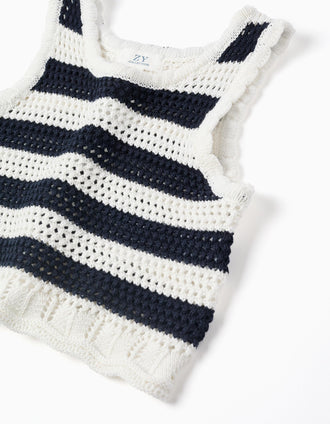 Top sem mangas de malha às riscas para menina, branco/azul-escuro