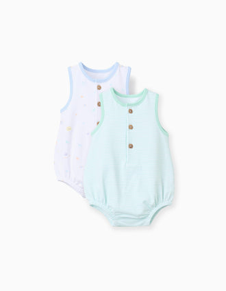 Pack of 2 sleeveless cotton rompers with for newborn boys, multicolour