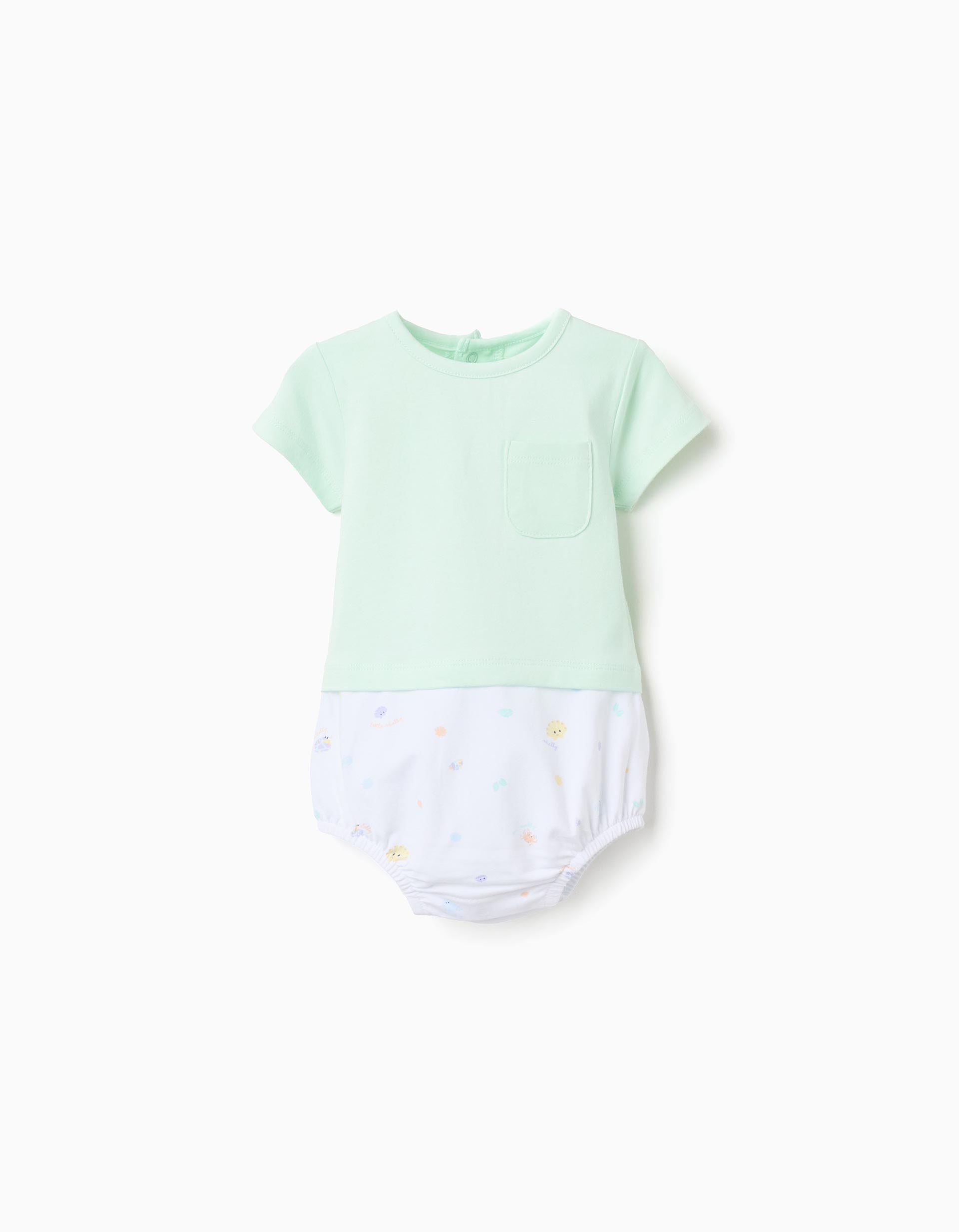 Cotton romper with shellfish motif for newborn boys, light green/white