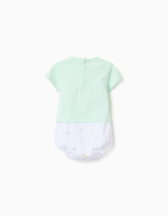 Cotton romper with shellfish motif for newborn boys, light green/white