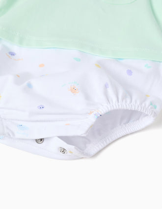 Cotton romper with shellfish motif for newborn boys, light green/white