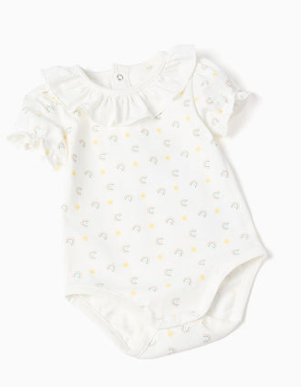 Bodysuit with motif + denim pinafore dress for newborn girls, white/blue