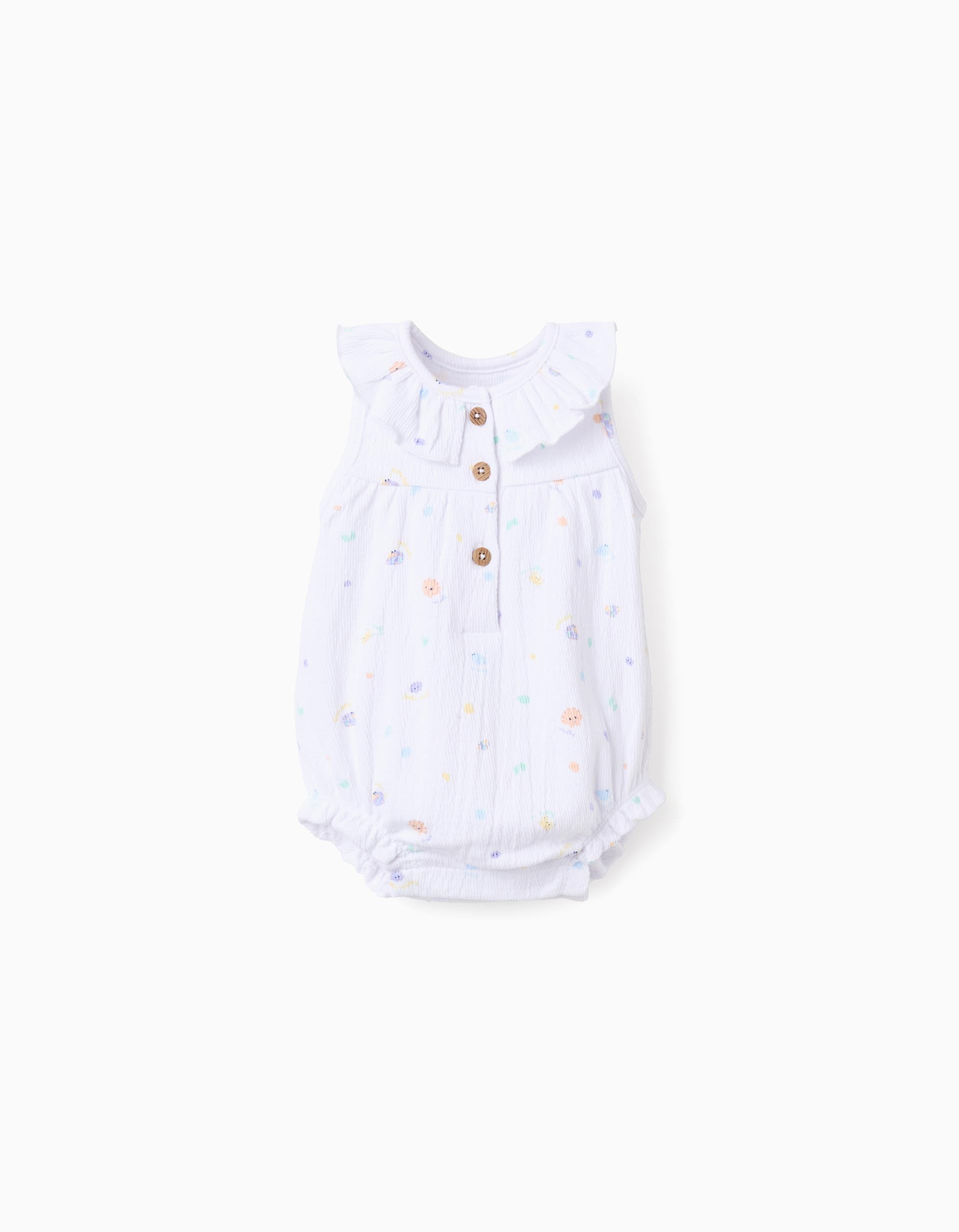 Sleeveless cotton romper with motif and ruffles for newborn girls, white
