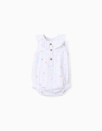 Sleeveless cotton romper with motif and ruffles for newborn girls, white